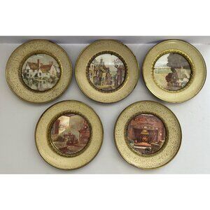 5 1930s Vintage Farmhouse Wall Decor Cottage Scenes Brass Foil Art 5.5" England
